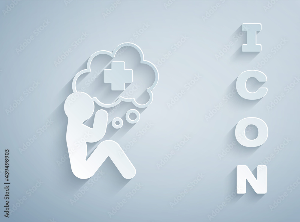 Paper cut Helping hand icon isolated on grey background. Paper art style. Vector Paper cut Helping hand icon isolated on grey background. Paper art style. Vector