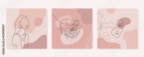 Vector beauty backgrounds, social media stories, posts feed layouts. Set of illustrations with one line continuous woman face and leaves. Contemporary collage with geometric shapes