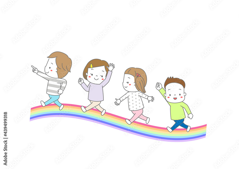 虹のアーチの上を並んで歩く子供たち 虹のアーチの上を並んで歩く子供たち