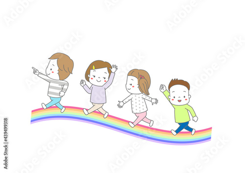 虹のアーチの上を並んで歩く子供たち