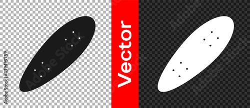 Black Longboard or skateboard cruiser icon isolated on transparent background. Extreme sport. Sport equipment. Vector