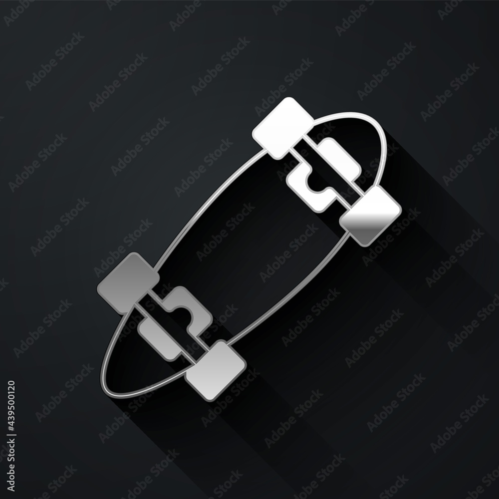 Silver Longboard or skateboard cruiser icon isolated on black background. Extreme sport. Sport equipment. Long shadow style. Vector Silver Longboard or skateboard cruiser icon isolated on black background. Extreme sport. Sport equipment. Long shadow style. Vector