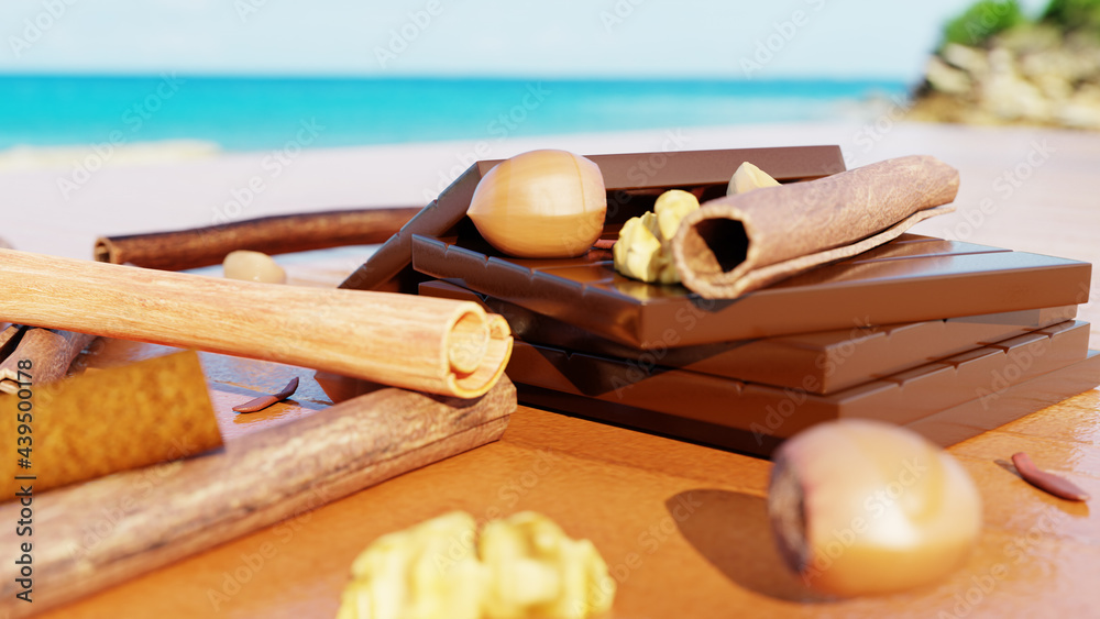 Chocolate pieces, shavings, candy, nut and cocoa beans on wooden background Chocolate pieces, shavings, candy, nut and cocoa beans on wooden background