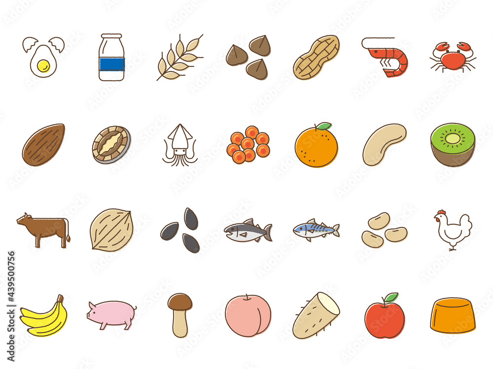 Food allergen vector icon 食物アレルギーのアイコンセット Food allergen vector icon 食物アレルギーのアイコンセット