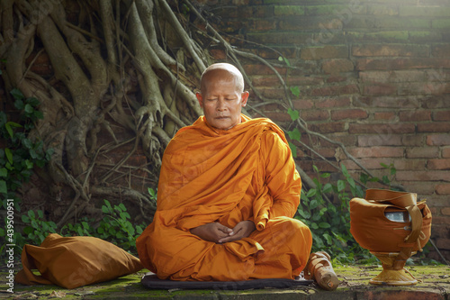 Bild auf Leinwand Monk Buddhist on during sunrise at temple, Thailand