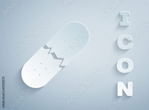 Paper cut Broken skateboard deck icon isolated on grey background. Extreme sport. Sport equipment. Paper art style. Vector
