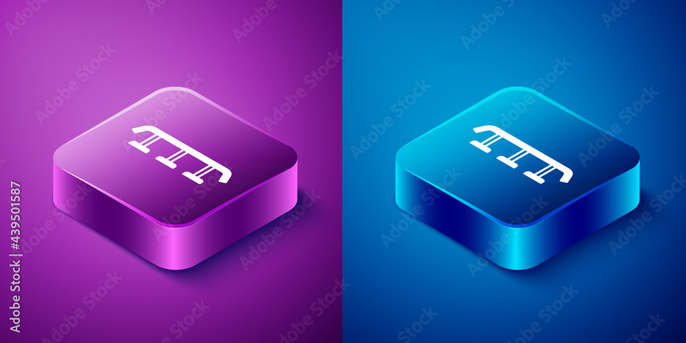 Isometric Skateboard stairs with rail icon isolated on blue and purple background. Square button. Vector Isometric Skateboard stairs with rail icon isolated on blue and purple background. Square button. Vector