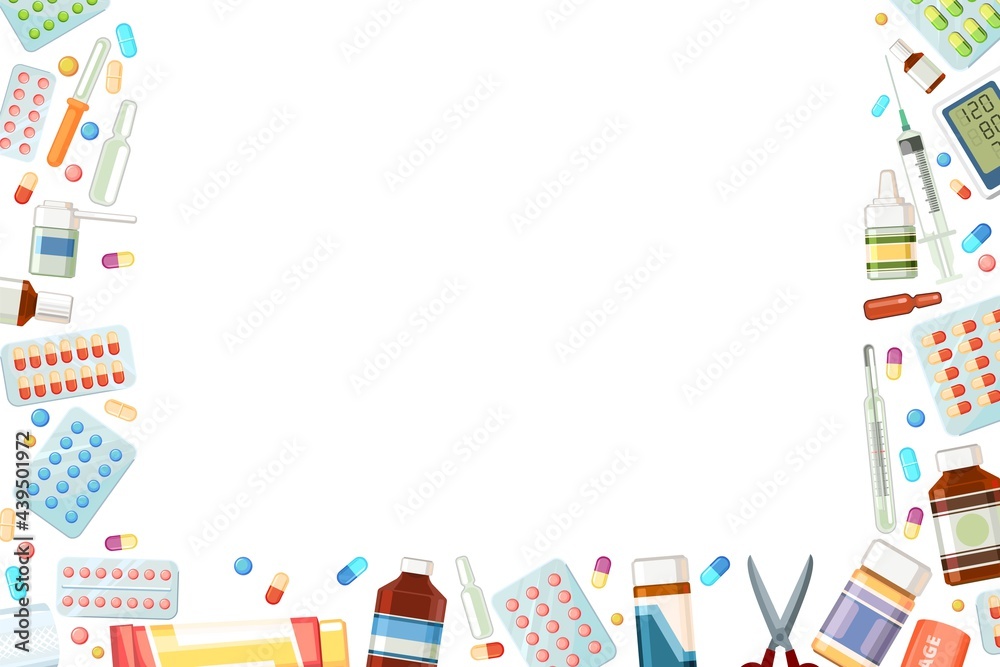 Obraz premium Medicines frame. Illustration with pills, thermometer, syringe, bandage, ointment. Medicinal drugs. Ambulance. Isolated on background. Flat design. Vector