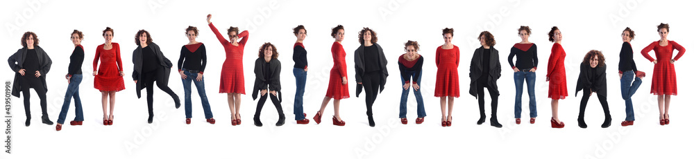 line of large group of  same woman with different outfits on white background