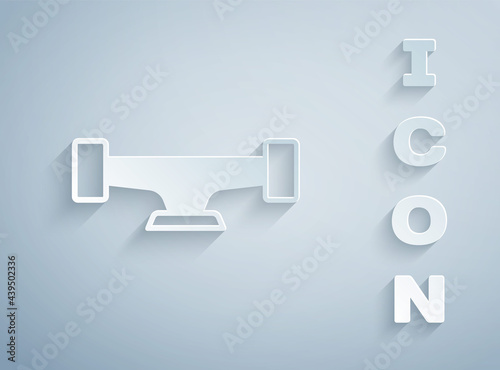 Paper cut Skateboard wheel icon isolated on grey background. Skateboard suspension. Skate wheel. Paper art style. Vector