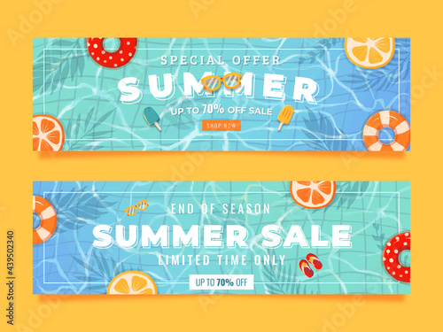 Watercolor summer sale banner template with pool, lemon and buoy Premium Vector