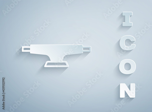 Paper cut Skateboard wheel icon isolated on grey background. Skateboard suspension. Skate wheel. Paper art style. Vector