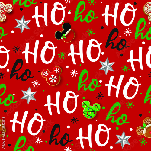 Ho Ho Ho pattern, Santa Claus laugh. Seamless texture for Christmas design. Vector red background with handwritten words' go with and red Christmas toys.