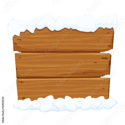 Old wooden blank, signboard with snow in cartoon style.Empty frame, direction plank isolated on white background. Season decoration. Vector illustration
