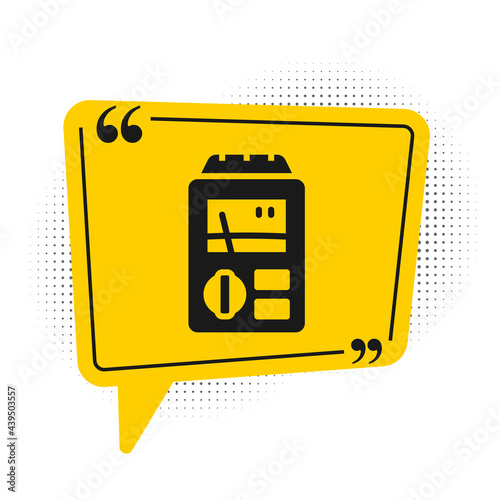 Black Dosimeter for measuring radiation icon isolated on white background. Gamma radiation personal dosimeter. Yellow speech bubble symbol. Vector