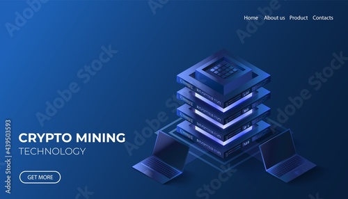 Crypto farm isometric illustration. Mining futuristic technology concept. Laptops connected with network blockchain server. Electronic cryptocurrency payment.