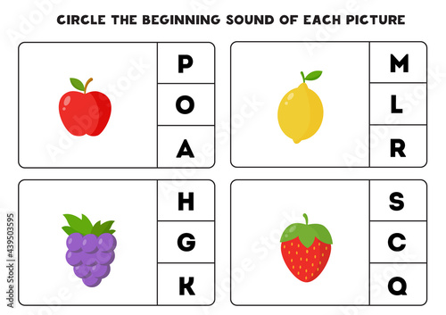 Worksheet for kids. Find the beginning sound. Cartoon fruits.