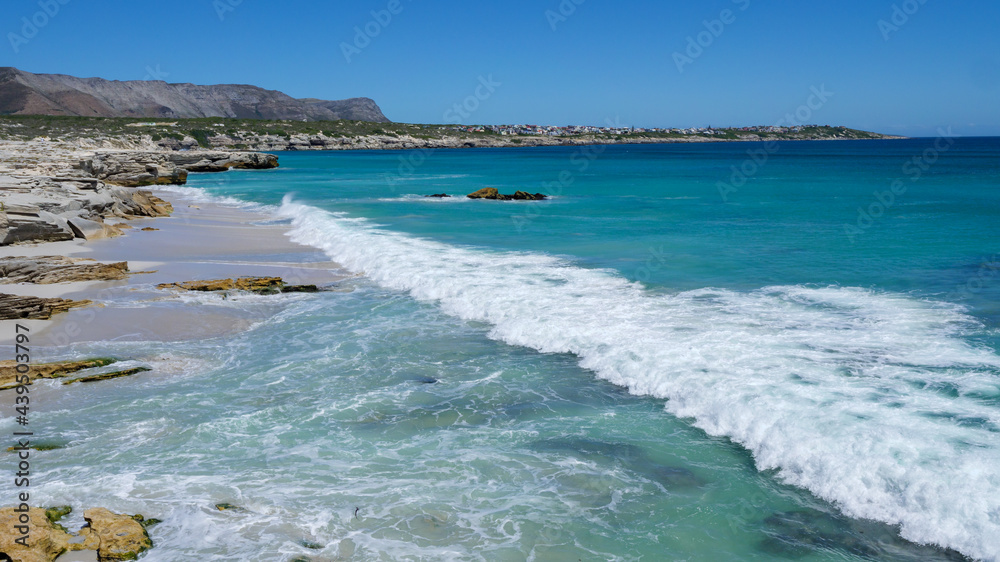 Fototapeta premium Coastal view towards Klipgat Cave in the Walker Bay Nature Reserve and Die Kelders (de Kelders). Overberg, Western Cape. South Africa