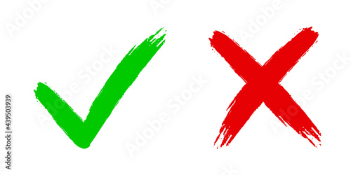 Cross x and tick v OK check mark vector illustration isolated on white background. Two dirty grunge hand drawn brush strokes Check mark symbol NO and YES buttons for vote in checkbox for web.