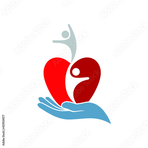 hand holding apple and people illustration, icon for charity or foundation.