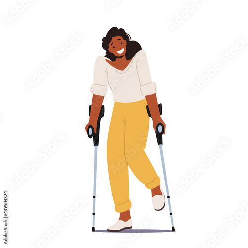 Disabled Woman Character Stand on Crutches. Patient Rehabilitation after Accident, Handicapped Person with Diseased Legs