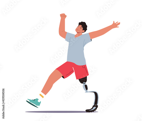 Disabled Athlete Character Run Training, Sportsman with Bionic Leg Prosthesis Jogging, Post-Accident Recovery, Rehab