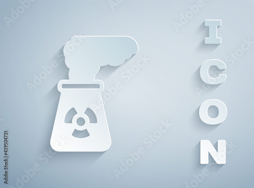 Paper cut Nuclear power plant icon isolated on grey background. Energy industrial concept. Paper art style. Vector