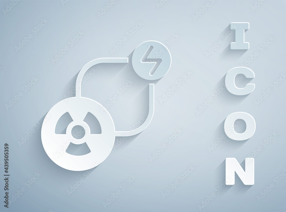 Paper cut Radioactive exchange energy icon isolated on grey background. Radioactive toxic symbol. Radiation hazard sign. Paper art style. Vector Paper cut Radioactive exchange energy icon isolated on grey background. Radioactive toxic symbol. Radiation hazard sign. Paper art style. Vector