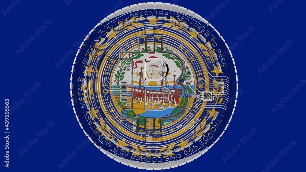 Large transparent Glass Bitcoin in center and on top of the US State Flag of New Hampshire