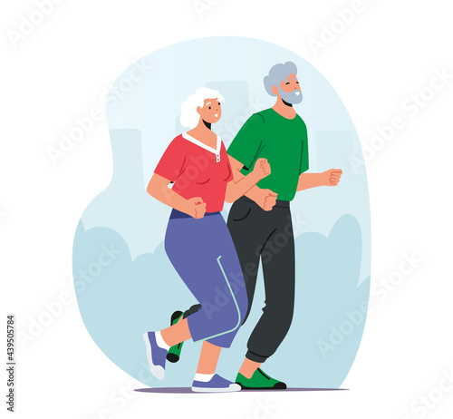 Couple of Senior Characters in Sportswear Run Together, Doing Exercises. Pensioners Outdoors Activity and Sport, Fun