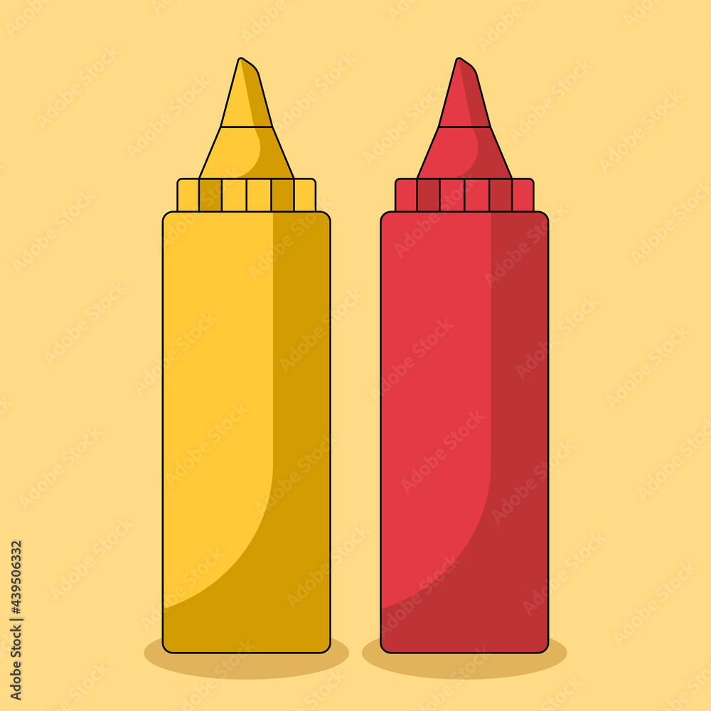 Vector illustration of ketchup and mustard bottles isolated on yellow background. Set of sauces for bbq, burgers, fries and other junk food. Vector illustration Vector illustration of ketchup and mustard bottles isolated on yellow background. Set of sauces for bbq, burgers, fries and other junk food. Vector illustration