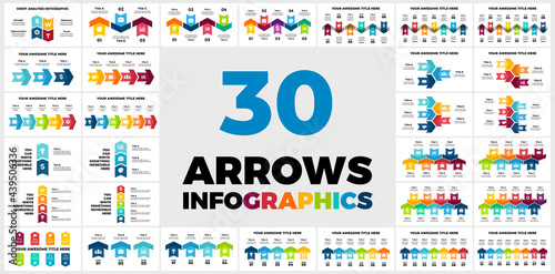 30 Arrows Vector Infographics. Presentation slide templates. Circle chart diagrams and timelines. Perfect for marketing or business project.
