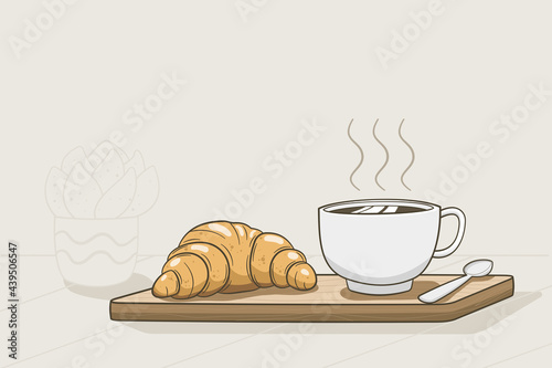 Bakery products cartoon vector illustration for breakfast set, hot coffee cup, spoon, bread, croissant, on the chopping board.