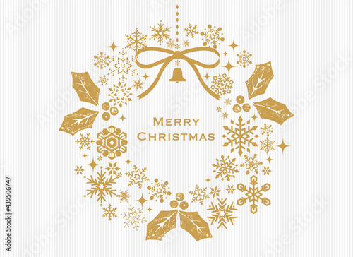 雪の結晶で作ったクリスマスリース。イラスト素材。クリスマス、背景、ベクター、クリスマスカード。