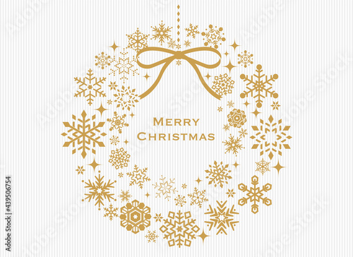 雪の結晶で作ったクリスマスリース。イラスト素材。クリスマス、背景、ベクター、クリスマスカード。