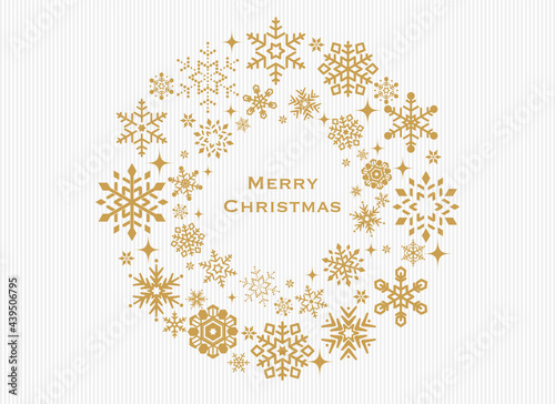 雪の結晶で作ったクリスマスリース。イラスト素材。クリスマス、背景、ベクター、クリスマスカード。	