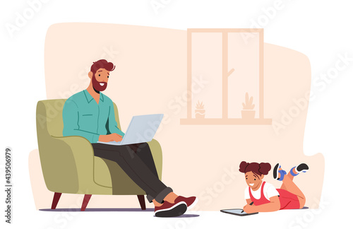 Girl and Father Chatting Online Using Electronic Devices. Dad Ignore Daughter for Social Media Internet Surfing