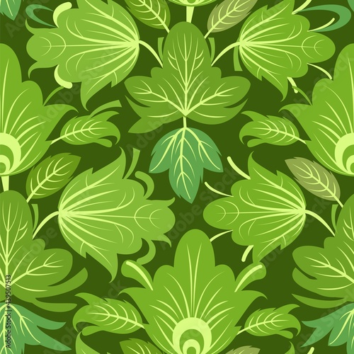 Green vegetable seamless pattern. Leaves. Beautiful ornament with interlacing branches and flowers. Flatly symbolic style. Background illustration. Country wild herbs. Vector