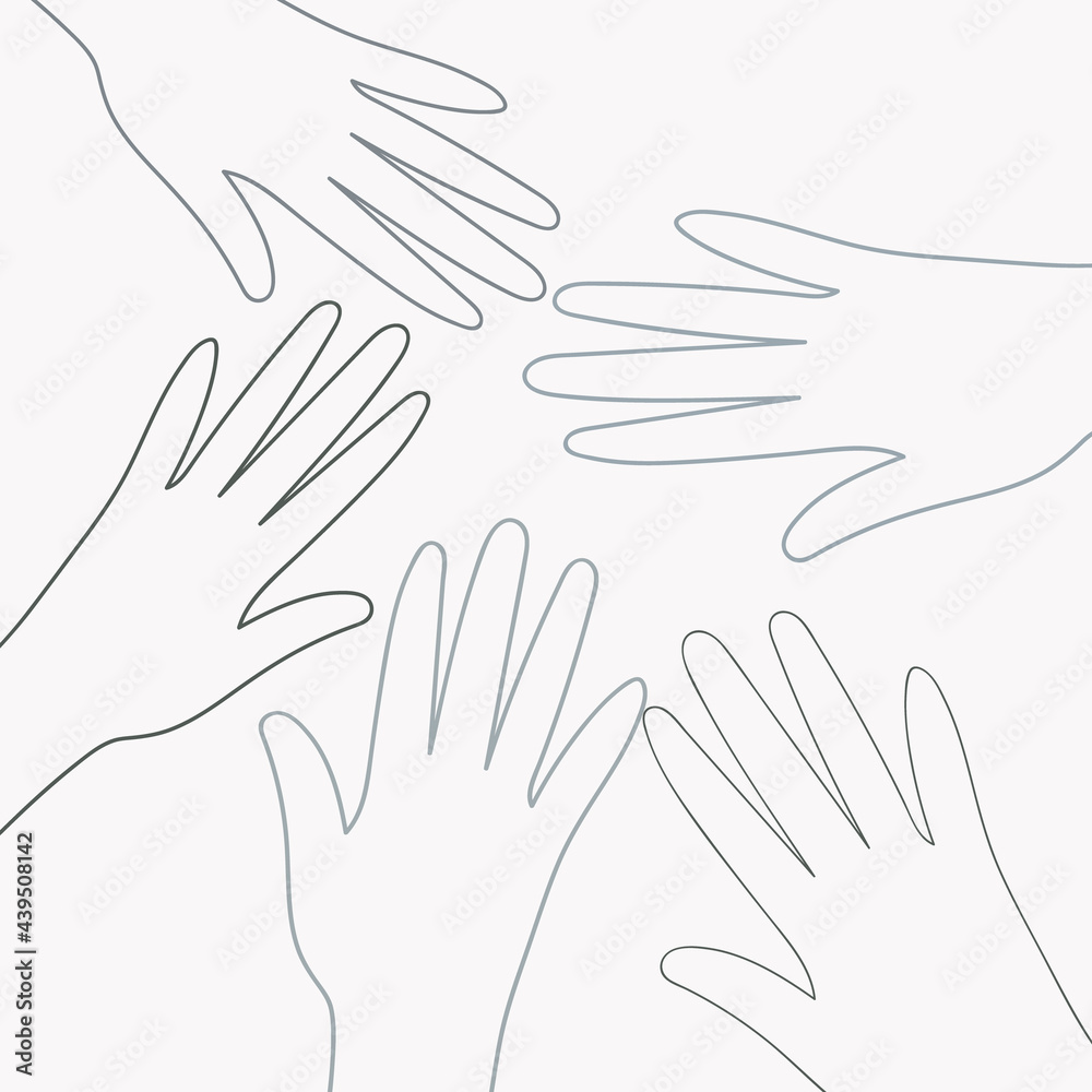 The outline of hands reaching out to each other. A united community of people. Cultural and ethnic diversity. Concept of friendship and peace between peoples. Vector design of postcard, banner The outline of hands reaching out to each other. A united community of people. Cultural and ethnic diversity. Concept of friendship and peace between peoples. Vector design of postcard, banner
