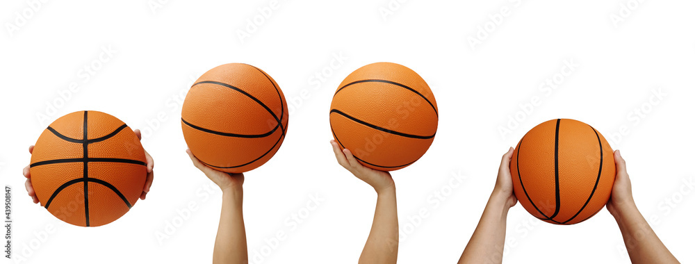 Hand and basketball isolated on white background