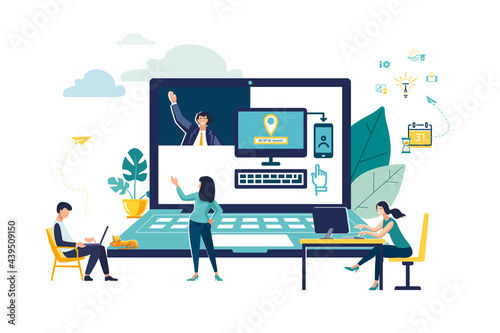 Business concept. Girls planning a business idea in a laptop computer, people teamwork. Hourglass, thinking brainstorming, analysis of company information. Internet business.Vector illustration, green