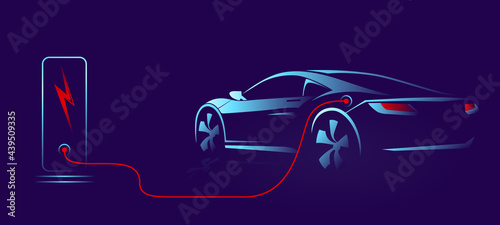 Electric car with charging stations by sketch line rear view. Sportcar isolated on dark background. Vector illustration