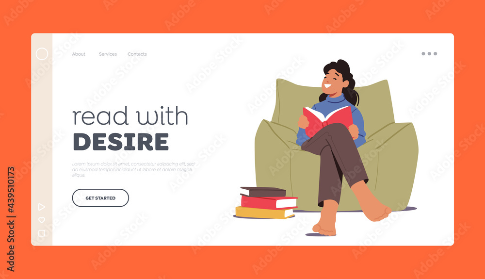 Schoolgirl Learning, Read Story Landing Page Template. Girl Reading Book Sitting on Armchair at Home or Library Schoolgirl Learning, Read Story Landing Page Template. Girl Reading Book Sitting on Armchair at Home or Library