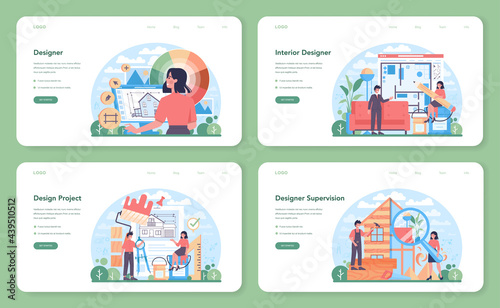 Interior designer web banner or landing page set. Decorator planning