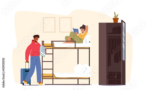 Dormitory Roommate Characters Live Together. Woman Read on Bunk Bed, Man Inn with Suitcase. College, University Students