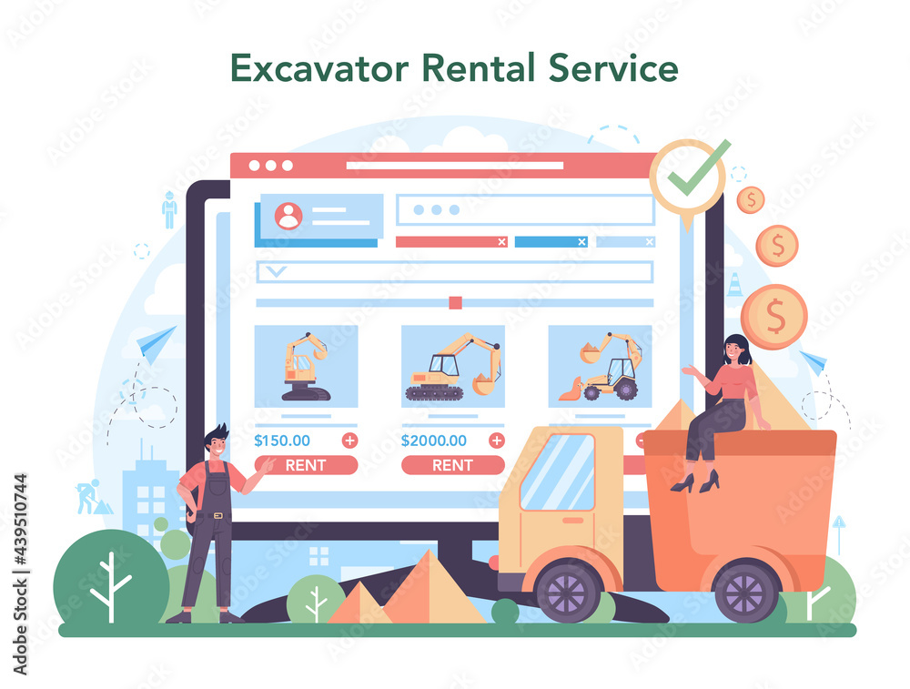 Obraz premium Excavator operator online service or platform. Driver excavating the land