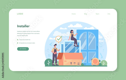 Installer web banner or landing page. Worker in uniform installing window