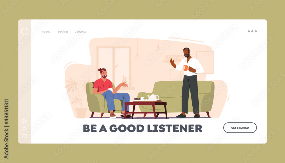 Couple of Friends Drinking Tea at Home Landing Page Template. Men Sitting on Couch with Hot Beverages and Communicating