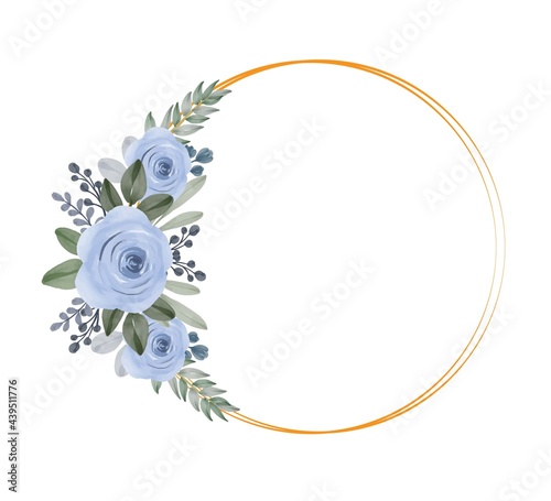 watercolor blue roses with circle gold frame
