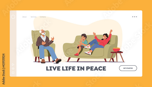 Happy Family Characters Laughing Landing Page Template. Grandfather Telling Stories to Children Spending Time Together © Hanna Syvak